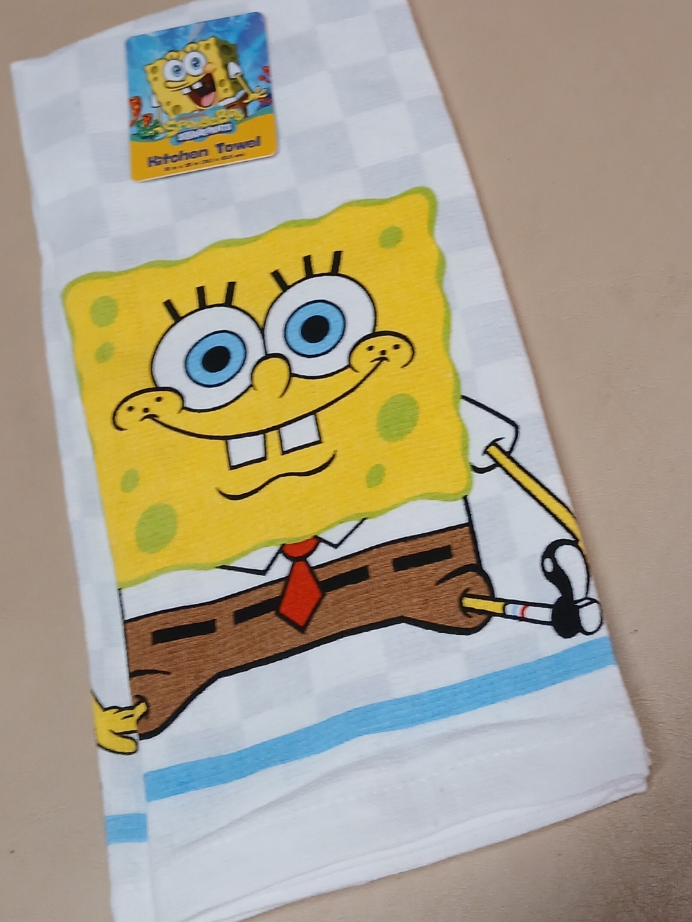 SpongeBob SquarePants Yellow & Brown Kids Kitchen Towel with Blue Accents